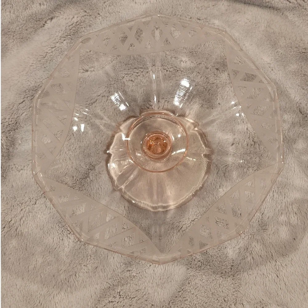 Vintage Pink Depression Etched Glass‎ Footed Compote Candy Dish Pedestal Bowl